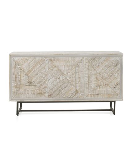 Mueble TV de madera maciza de mango natural con 3 puertas y patas metálicas doradas