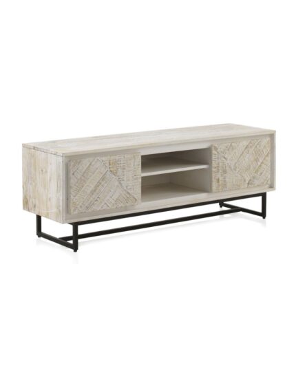 Mueble TV de madera maciza de mango blanco patinado con 2 puertas y hueco central para cables