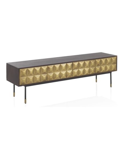 Mueble TV de diseño en madera maciza de mango con frontal metálico dorado texturizado 4 puertas