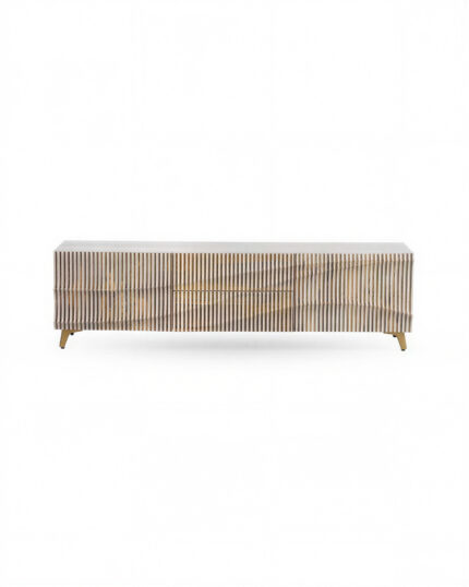 Mueble TV 2 puertas, 2 cajones patinado blanco, madera maciza de mango