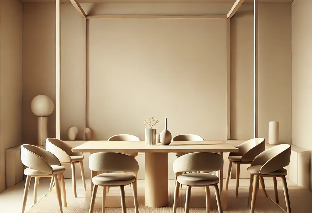 DALL·E 2024-11-05 13.30.30 - A square, minimalistic 3D render of a stylish dining room in beige tones. The design features a modern, wooden dining table with a smooth finish, surr